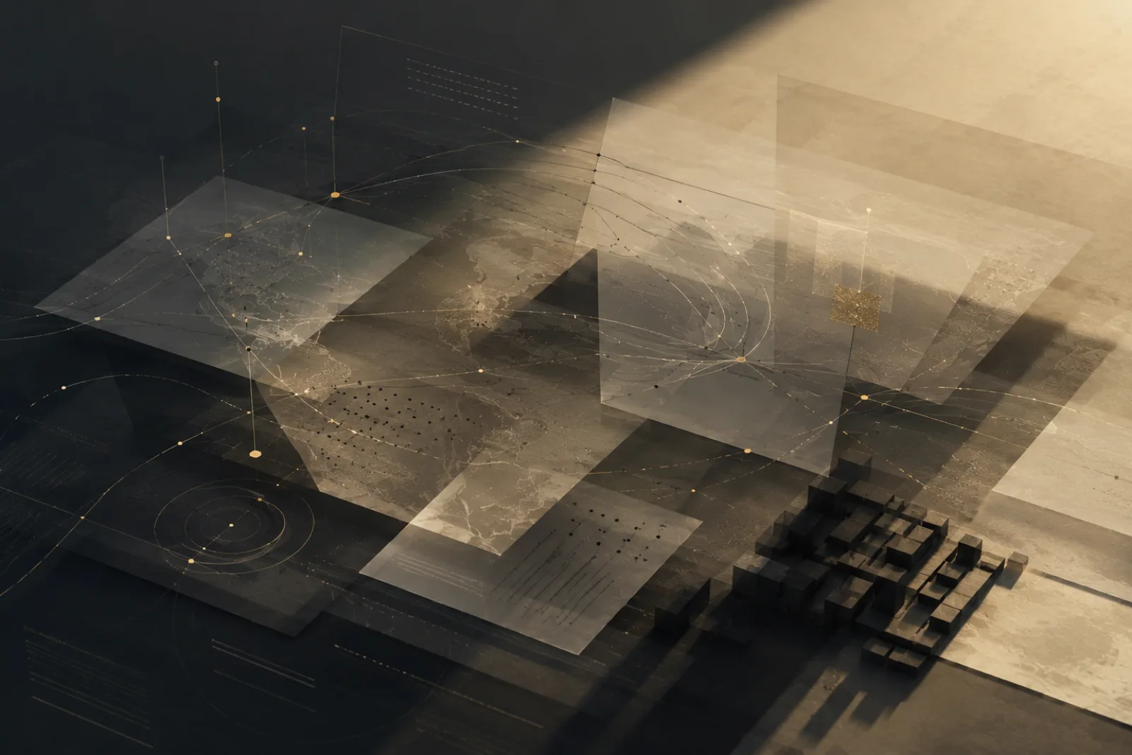 An aerial landscape overlaid with luminous data-network points and connections.