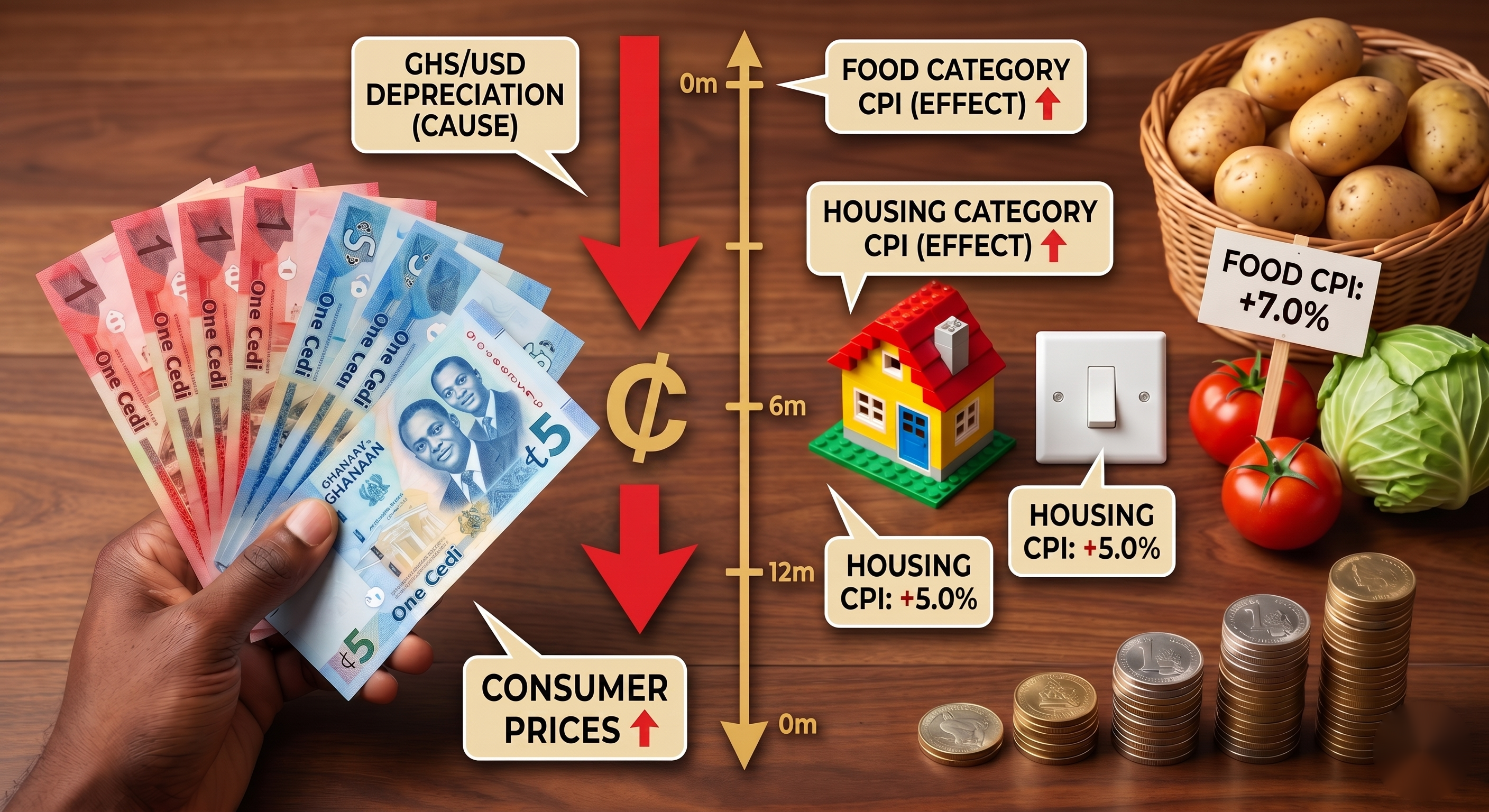 Illustration of Ghana cedi (GHS/USD) depreciation passing through to food (+7%) and housing (+5%) consumer prices.