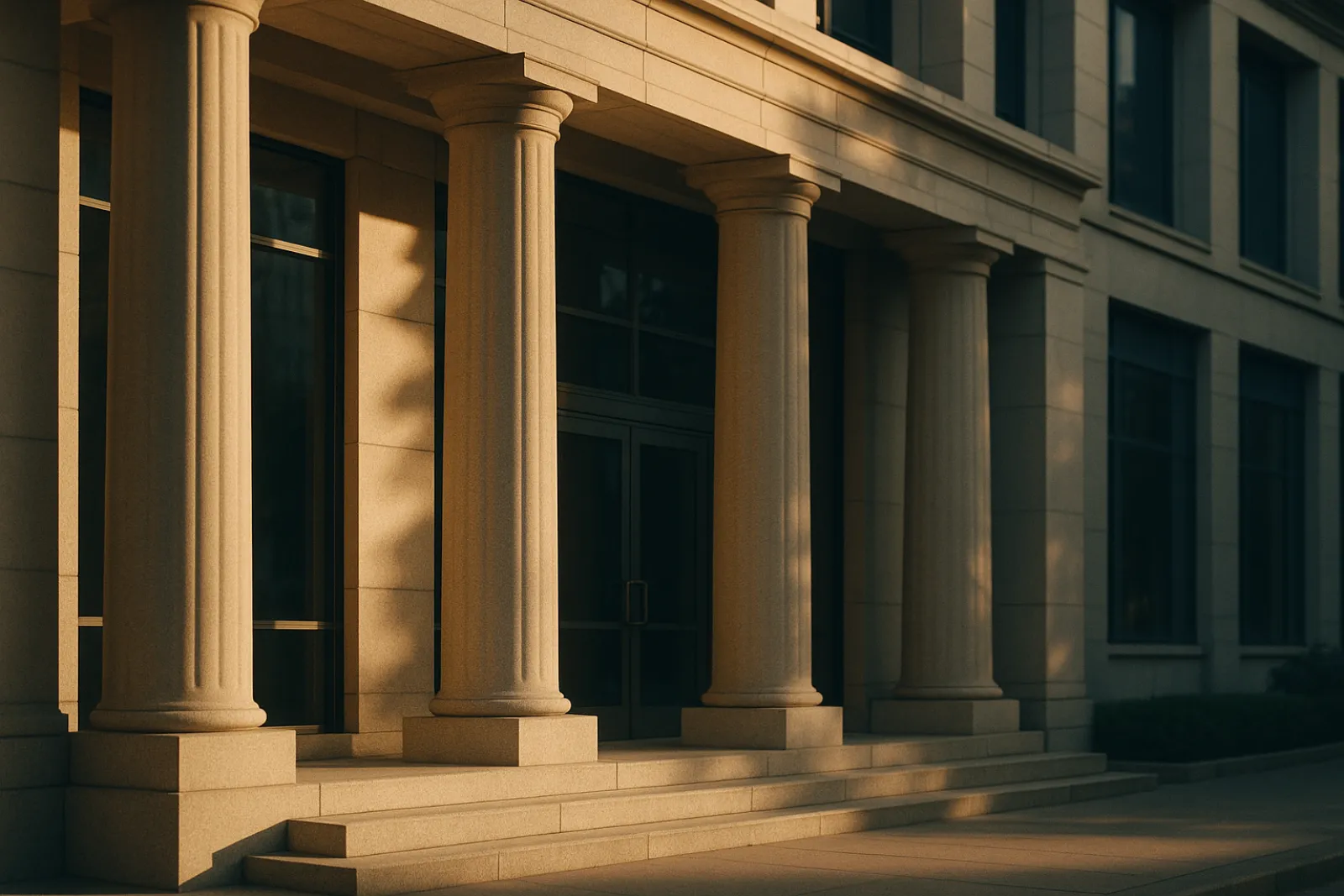Warm morning light across a modern institutional building facade.