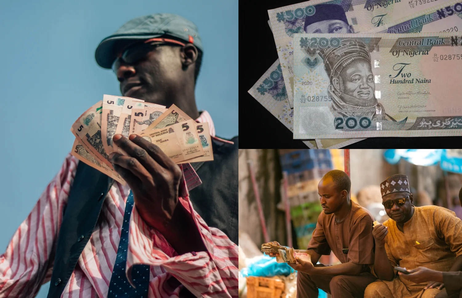 Photo collage of African currency: a person holding banknotes, Nigerian Naira notes, and a market cash exchange.