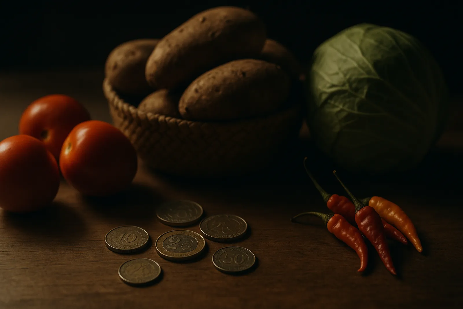 West African market produce and coins on a wooden surface in warm light.