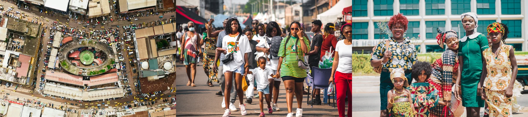 Photo collage of Ghana's growing consumer market: urban density, street life, and families.