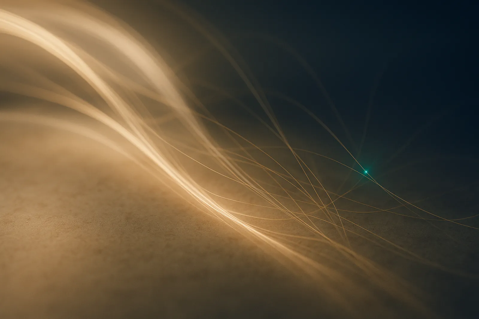 Soft flowing light and fine luminous filaments over a warm surface, with a single restrained green accent.