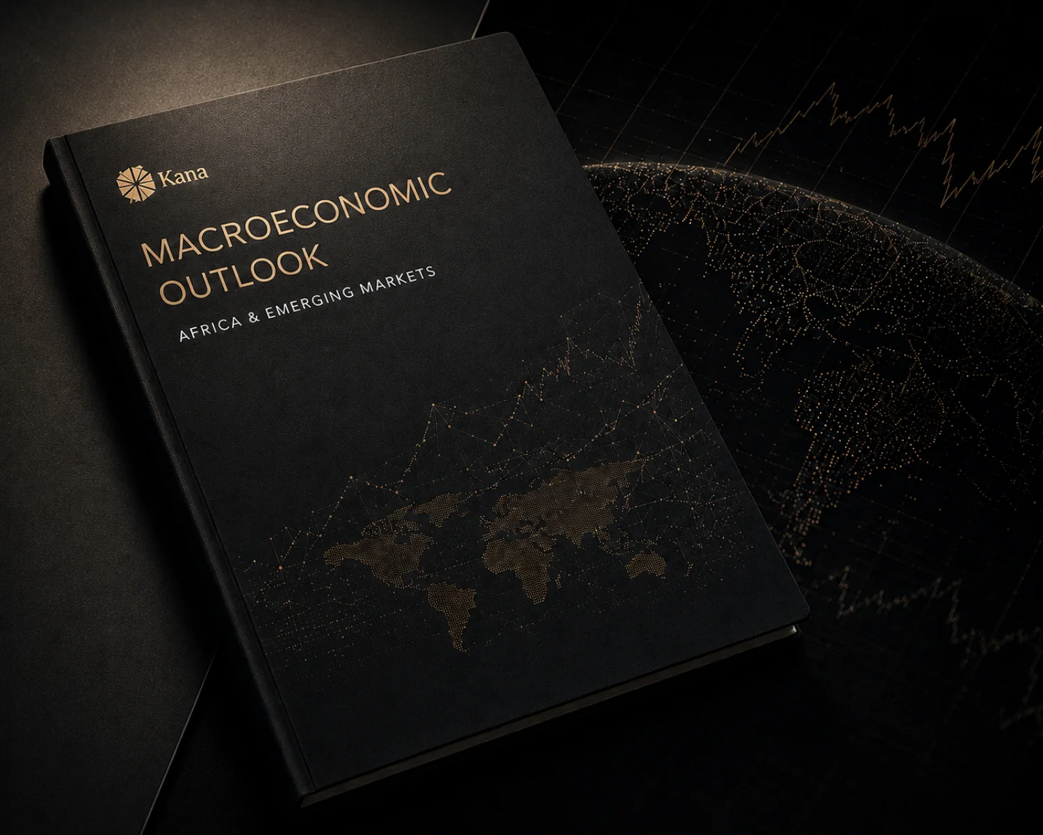 A Kana Macroeconomic Outlook report cover beside a softly lit globe.