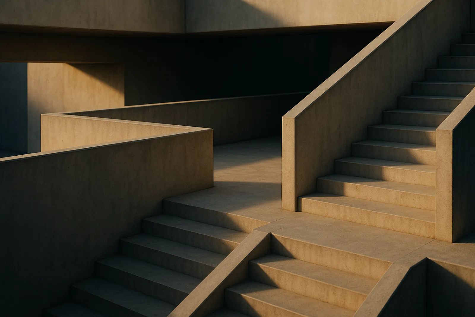 Clean intersecting concrete staircases and walkways in warm directional light.